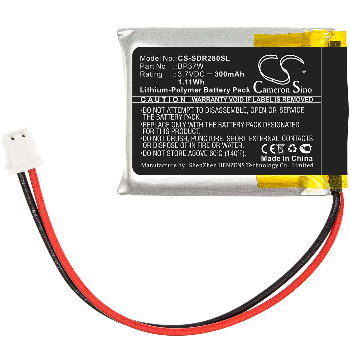 3,7V, Li-Polymer, 300mAh, Batterie de collier pour chien compatible avec Dogtra, Bp37w, Récepteur 280c, Récepteur 282c, 1,11Wh Collier pour chien Cameron Sino Technology Limited