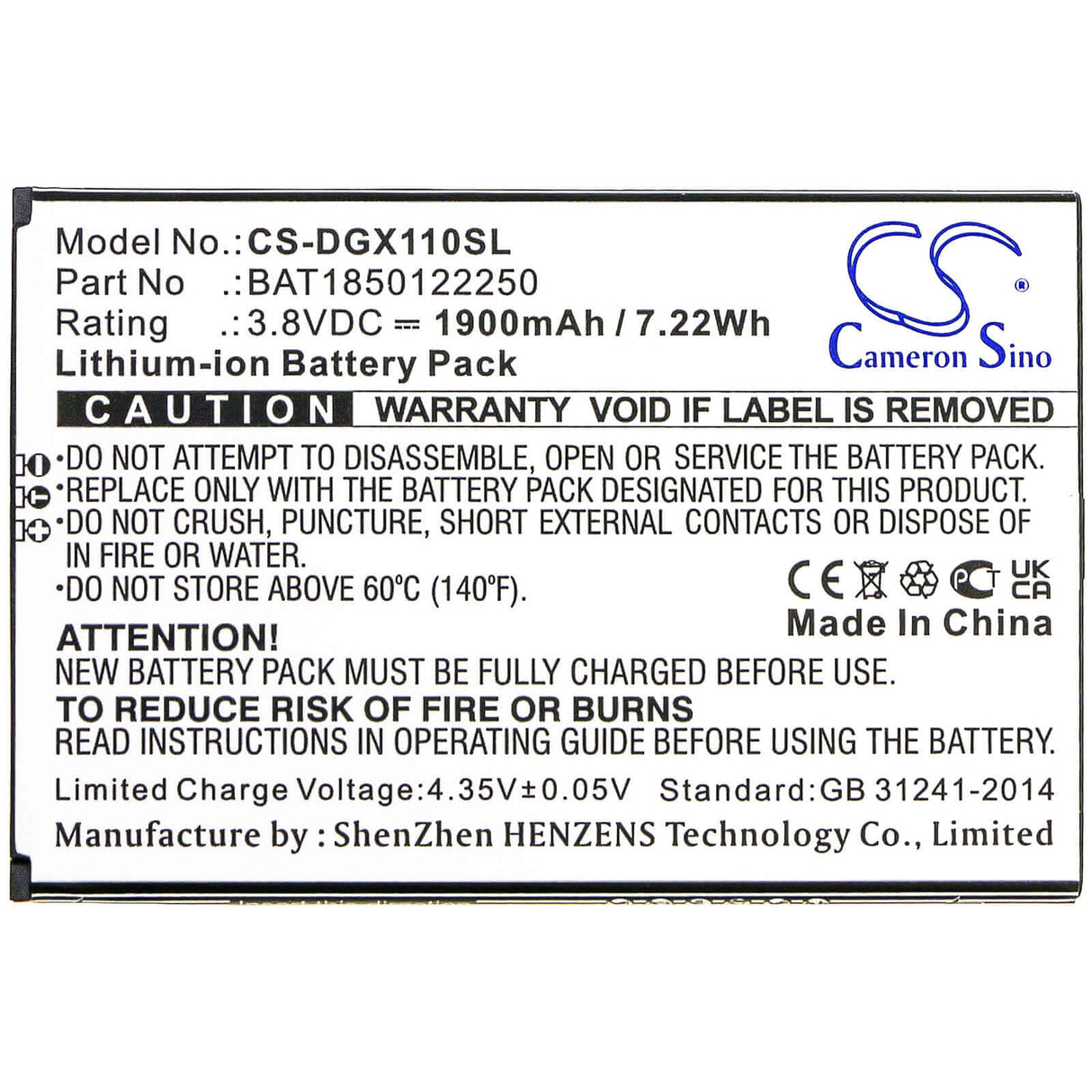 3.8V, Li-ion, 1900mAh, SmartPhone battery fits Doogee, Bat1850122250, X11, 7.22Wh Mobile, SmartPhone Cameron Sino Technology Limited (Smartphone)