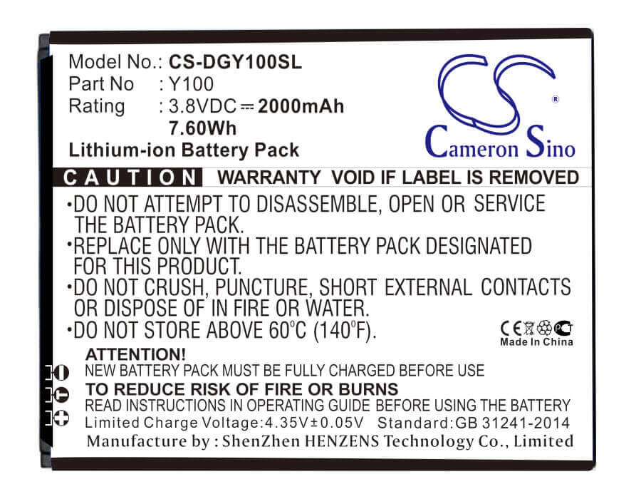 3.8V, Li-ion, 2000mAh, SmartPhone battery fits Doogee, Y100, Valencia 2, Y100, 7.6Wh Mobile, SmartPhone Cameron Sino Technology Limited (Smartphone)