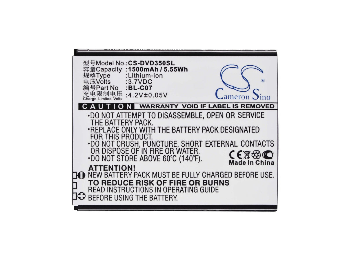 3.7V, Li-ion, 1500mAh, SmartPhone battery fits Doov, Bl-c07, D350, 5.55Wh Mobile, SmartPhone Cameron Sino Technology Limited (Suspended)
