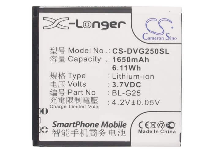 3.7V, Li-ion, 1650mAh, SmartPhone battery fits Doov, Coolpad, Hosin, Yusun, Bl-g25, 6.11Wh Mobile, SmartPhone Cameron Sino Technology Limited (Smartphone)