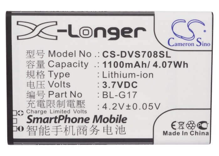 3.7V, Li-ion, 1100mAh, SmartPhone battery fits Doov, Bl-g17, Ieva D708, S708, 4.07Wh Mobile, SmartPhone Cameron Sino Technology Limited (Suspended)