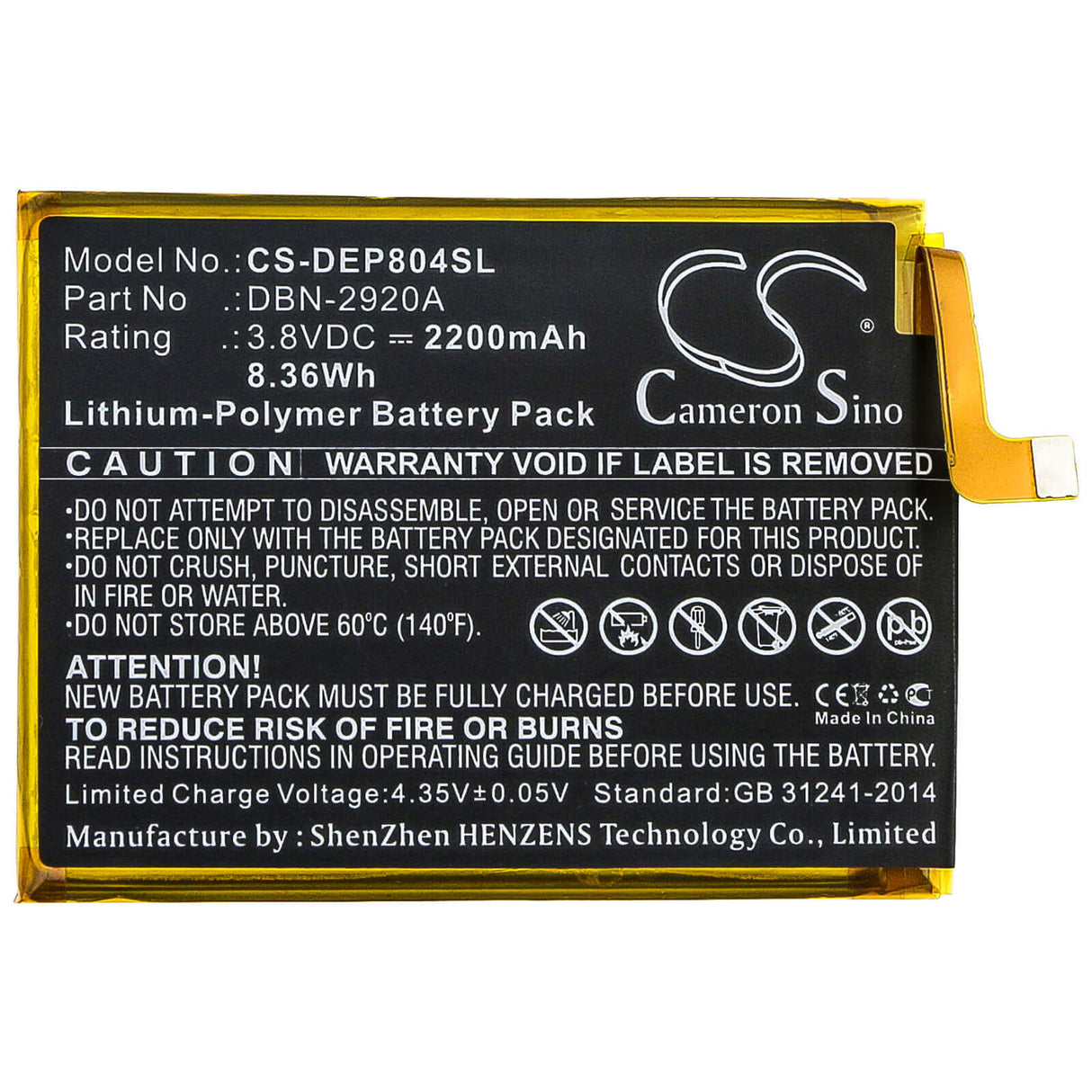 3.8V, Li-Polymer, 2200mAh, SmartPhone battery fits Doro, Dbn-2920a, 8040, 8042, 8.36Wh Mobile, SmartPhone Cameron Sino Technology Limited (Smartphone)