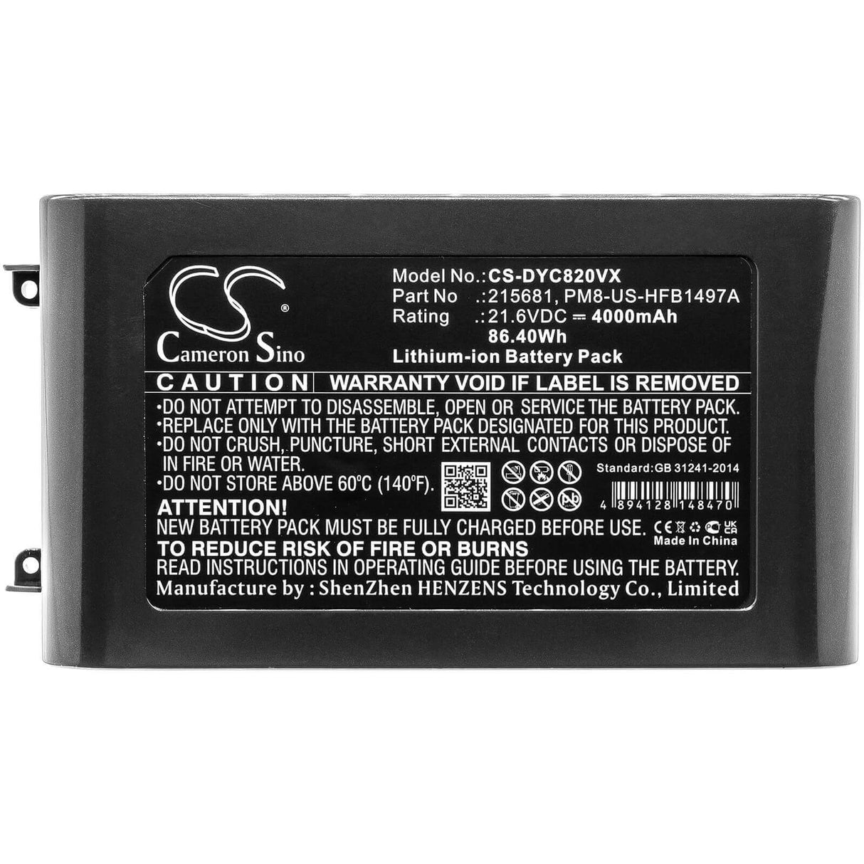 21.6V, Li-ion, 4000mAh, Vacuum battery fits Dyson, V8, V8 Absolute, V8 Absolute Cord-free, 86.40Wh Vacuum Cameron Sino Technology Limited