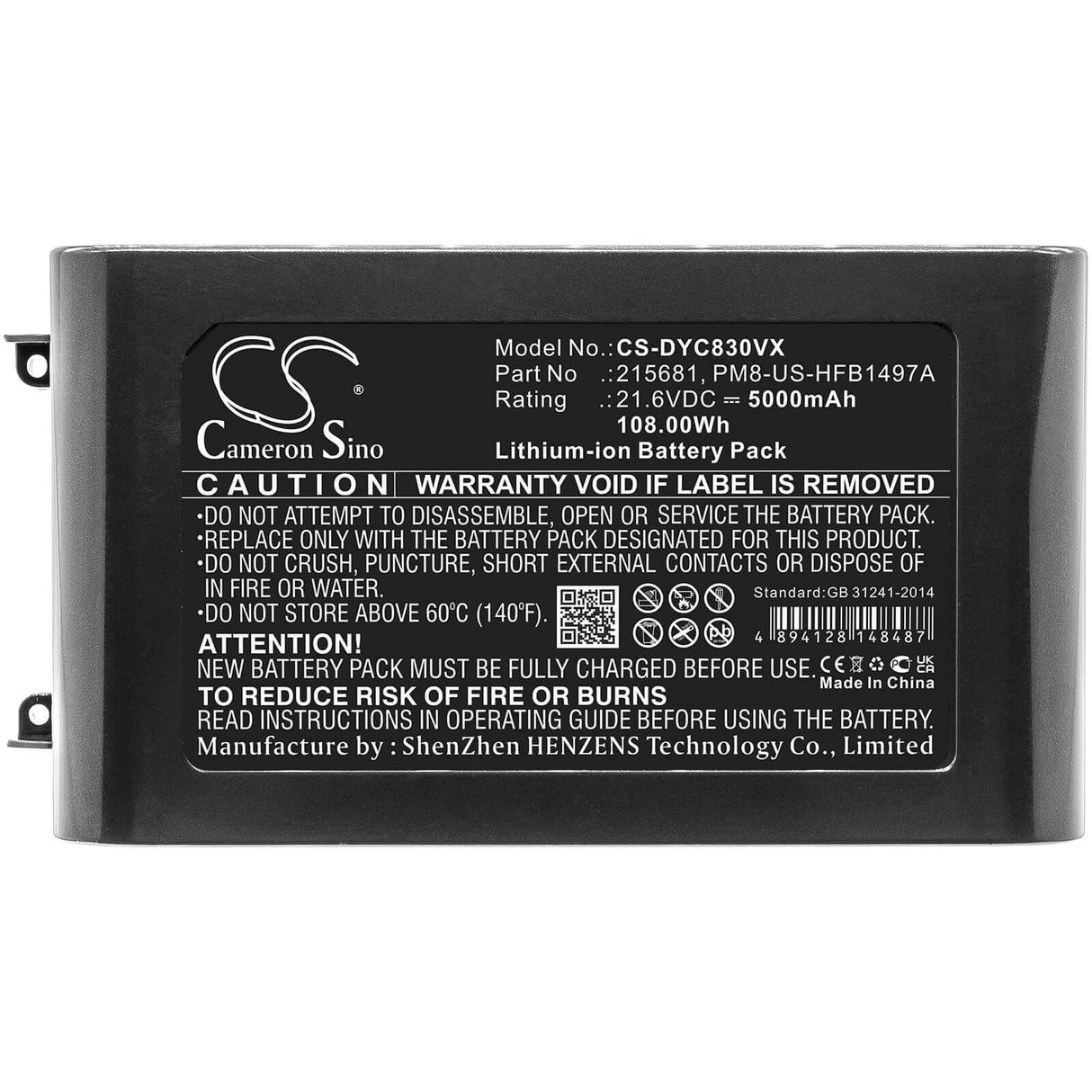 21.6V, Li-ion, 5000mAh, Vacuum battery fits Dyson, V8, V8 Absolute, V8 Absolute Cord-free, 108.00Wh Vacuum Cameron Sino Technology Limited (Dangerous Goods)