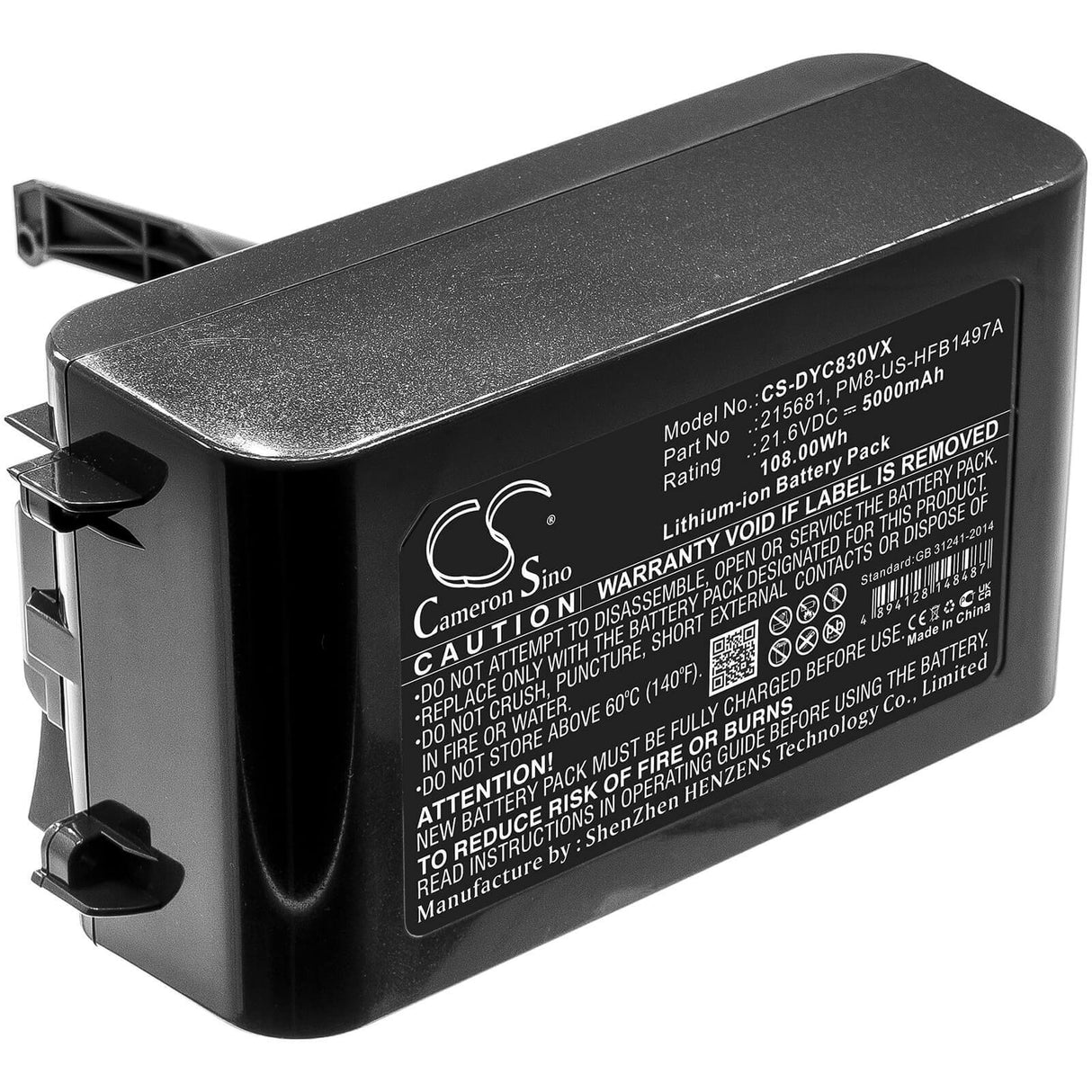 21.6V, Li-ion, 5000mAh, Vacuum battery fits Dyson, V8, V8 Absolute, V8 Absolute Cord-free, 108.00Wh Vacuum Cameron Sino Technology Limited (Dangerous Goods)