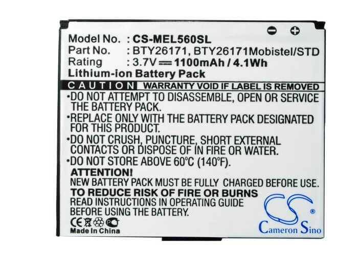 3.7V, Li-ion, 1100mAh, SmartPhone battery fits Mobistel, Emporia, Elson, Bty26171, El560, El560 Dual, 4.07Wh Mobile, SmartPhone Cameron Sino Technology Limited (Smartphone)