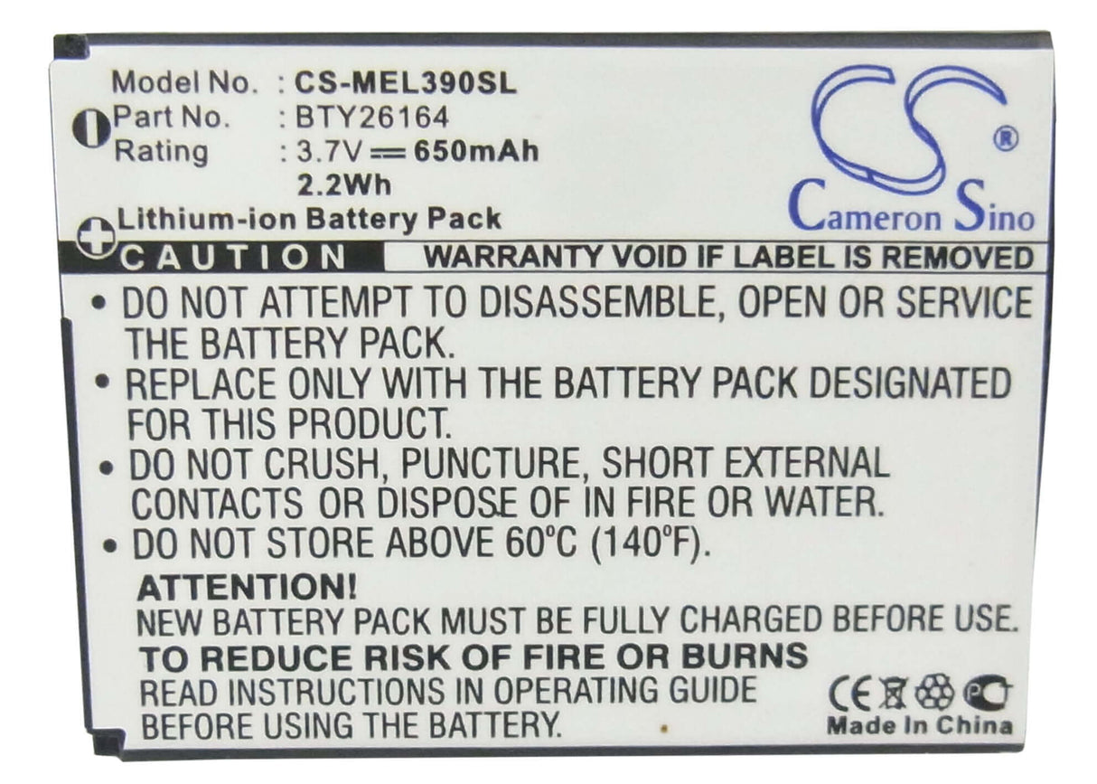 3.7V, Li-ion, 650mAh, SmartPhone battery fits Mobistel, Bty26164, Elson El390, Mobistel El390, 2.41Wh Mobile, SmartPhone Cameron Sino Technology Limited (Suspended)