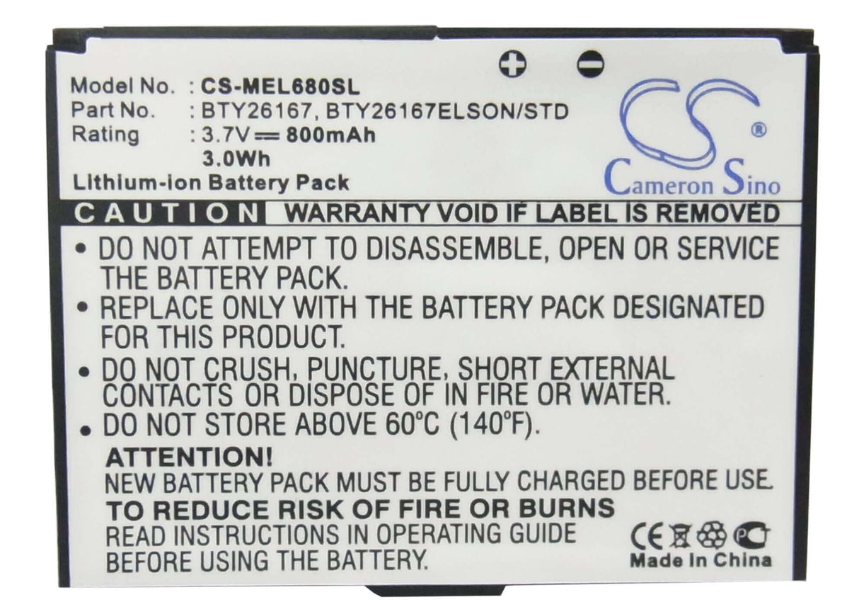 3.7V, Li-ion, 800mAh, SmartPhone battery fits Mobistel, Emporia, Bty26167, Elson El680, Mobistel El680, 2.96Wh Mobile, SmartPhone Cameron Sino Technology Limited (Suspended)