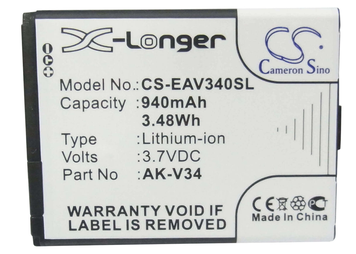 3.7V, Li-ion, 940mAh, SmartPhone battery fits Emporia, Ak-v34, Glam, V34, 3.48Wh Mobile, SmartPhone Cameron Sino Technology Limited (Suspended)