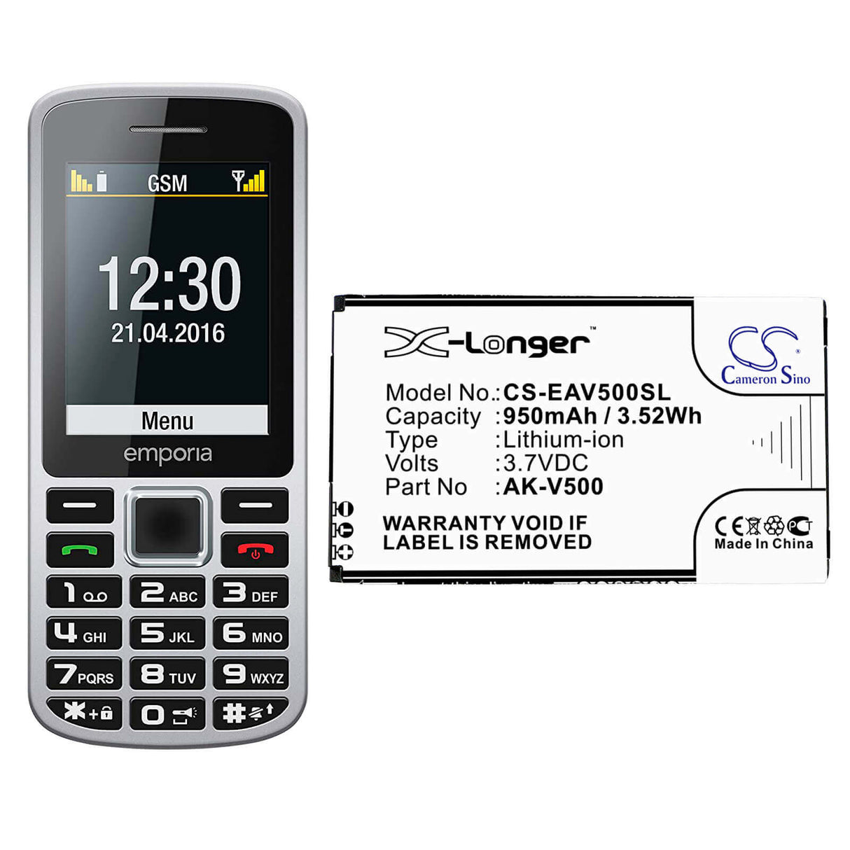 3.7V, Li-ion, 950mAh, SmartPhone battery fits Emporia, Ak-v500, Prime, Prime V500, 3.52Wh Mobile, SmartPhone Cameron Sino Technology Limited (Smartphone)