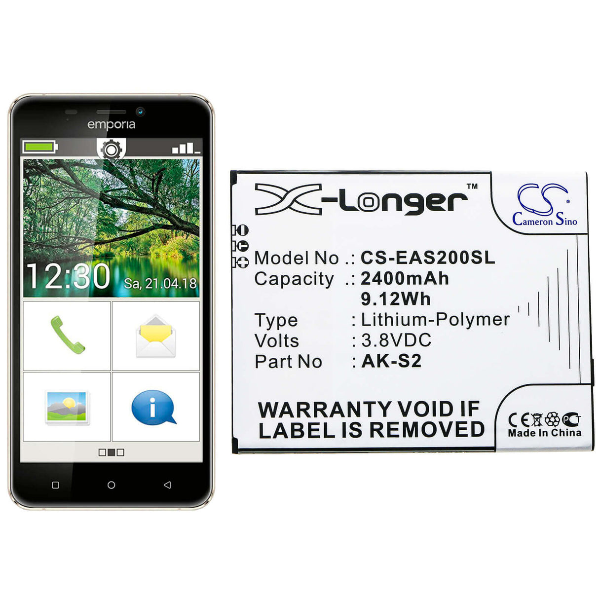 3.8V, Li-Polymer, 2400mAh, SmartPhone battery fits Emporia, Ak-s2, Smart 2, 9.12Wh Mobile, SmartPhone Cameron Sino Technology Limited (Smartphone)