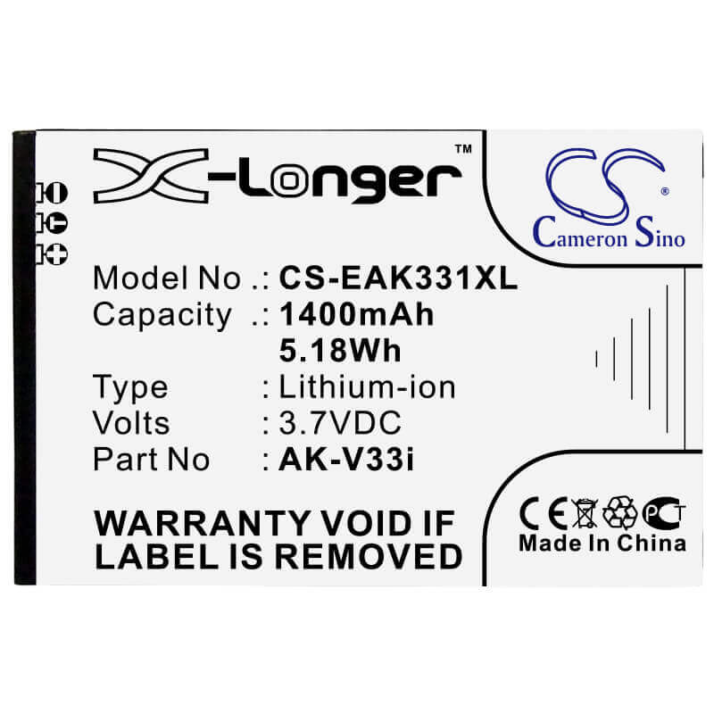 3.7V, Li-ion, 1400mAh, SmartPhone battery fits Emporia, Ak-v33i, Care Plus, Careplus, 5.18Wh Mobile, SmartPhone Cameron Sino Technology Limited (Suspended)