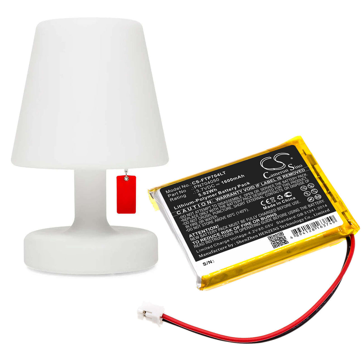 3.7V, Li-Polymer, 1600mAh, Led Desk Lamp battery fits Fatboy, Pn704050, Edison The Petit, Led Table Lamp Edison, 5.92Wh Portable Led Desk Lamp Cameron Sino Technology Limited