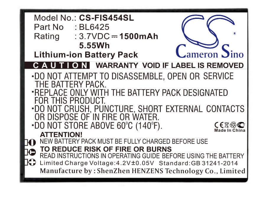 3.7V, Li-ion, 1500mAh, SmartPhone battery fits Fly, Bl6425, Fs454, Nimbus 8, 5.55Wh Mobile, SmartPhone Cameron Sino Technology Limited (Smartphone)