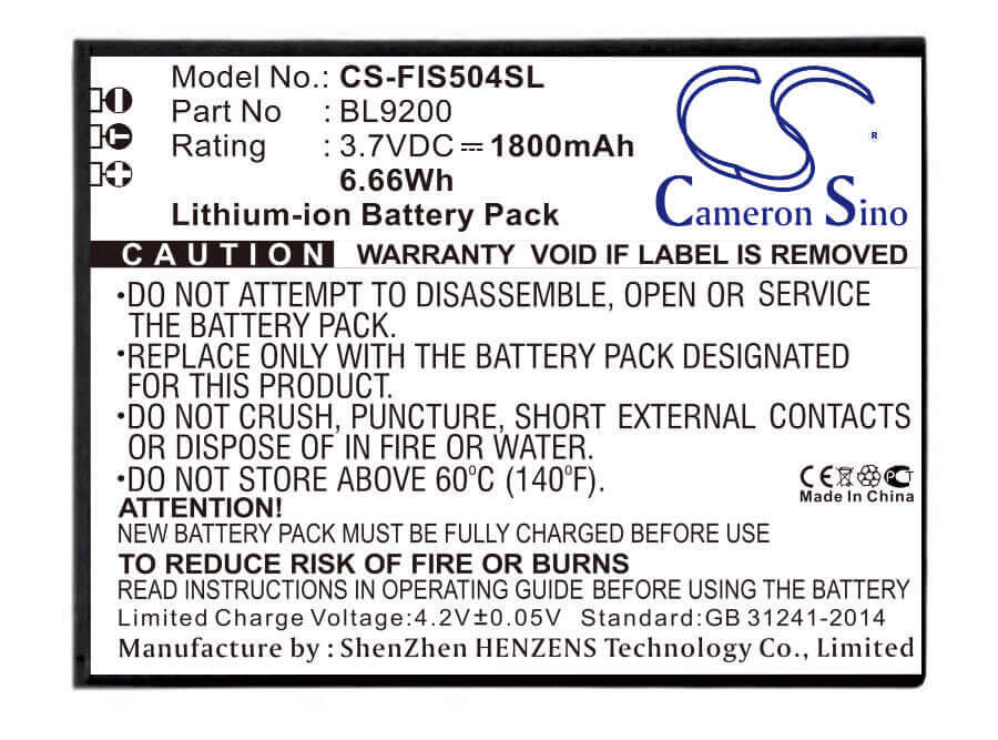 3.7V, Li-ion, 1800mAh, SmartPhone battery fits Fly, Bl9200, Cirrus 2, Fs504, 6.66Wh Mobile, SmartPhone Cameron Sino Technology Limited (Smartphone)