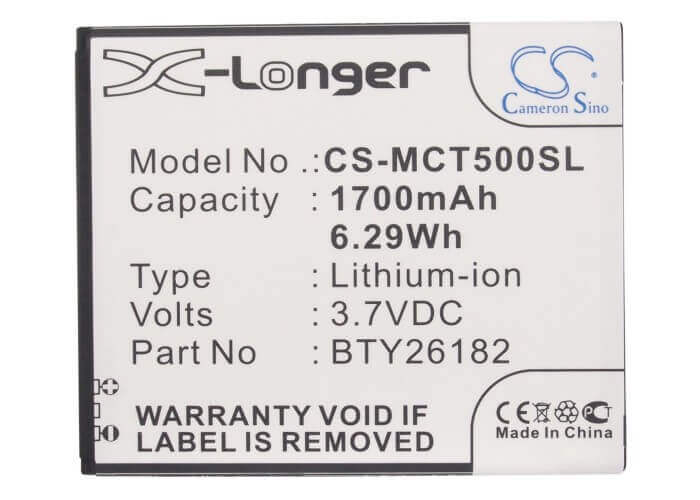 3.7V, Li-ion, 1700mAh, SmartPhone battery fits Micromax, Myphone, Fly, Mobistel, Bty26182, Iq 451 Vista, 6.29Wh Mobile, SmartPhone Cameron Sino Technology Limited (Smartphone)