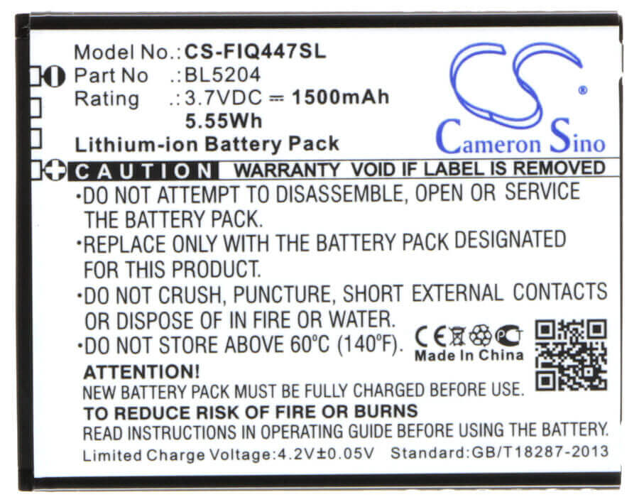 3.7V, Li-ion, 1500mAh, SmartPhone battery fits Fly, Bl5204, Era Life 1, Iq447, 5.55Wh Mobile, SmartPhone Cameron Sino Technology Limited (Smartphone)