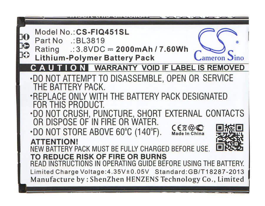 3.8V, Li-Polymer, 1800mAh, SmartPhone battery fits Fly, Bl3819, Iq4514, Iq4514 Quad Evo Tech 4, 6.84Wh Mobile, SmartPhone Cameron Sino Technology Limited (Smartphone)