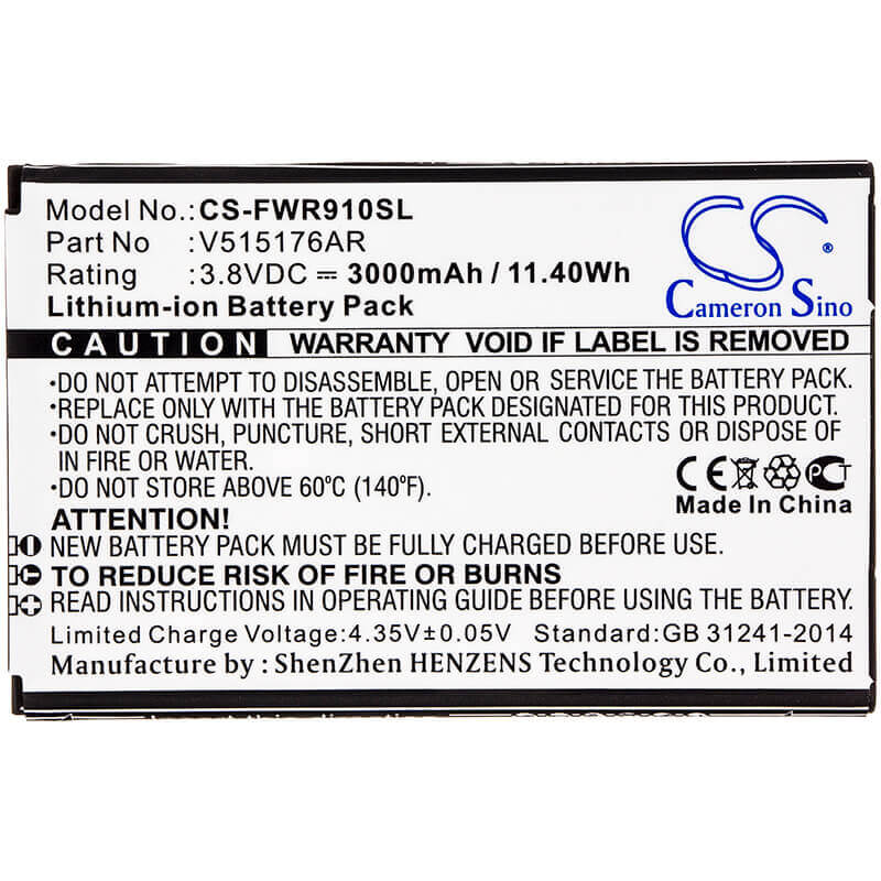 3.8V, Li-ion, 3000mAh, Hotspot battery fits Franklin Wireless, V515176ar, R910, 11.40Wh Hotspot Cameron Sino Technology Limited
