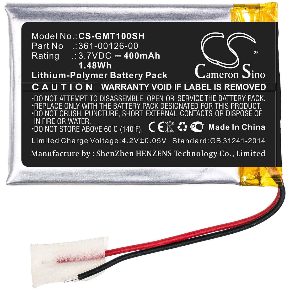 3.7V, Li-Polymer, 400mAh, Smartwatch battery fits Garmin, 361-00126-00, 010-02357-00, Tactix Delta, 1.48Wh Smartwatch Cameron Sino Technology Limited