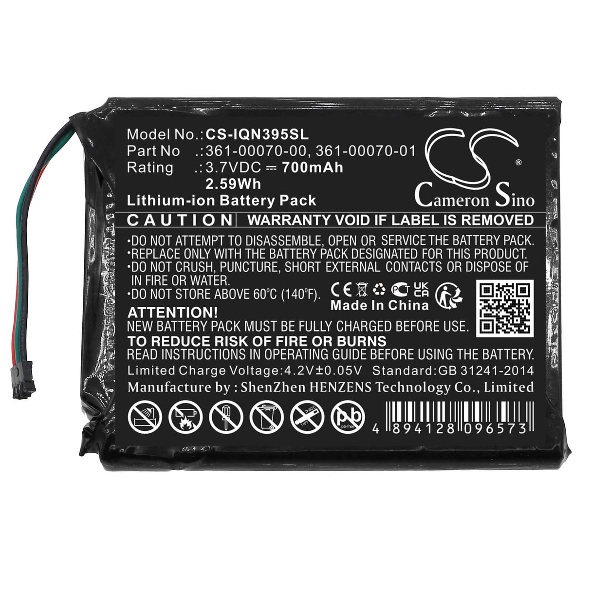 3,7V, Li-ion, 700mAh, batterie GPS compatible Garmin, 361-00070-00, 3597lmt, Nuvi 3597, 2,59Wh GPS, Navigator Cameron Sino Technology Limited