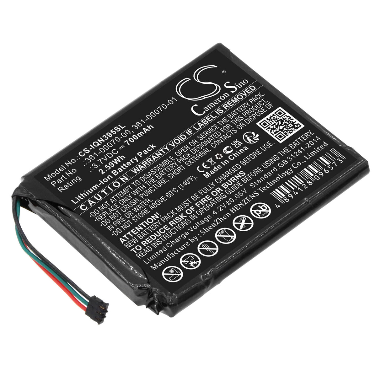 3,7V, Li-ion, 700mAh, batterie GPS compatible Garmin, 361-00070-00, 3597lmt, Nuvi 3597, 2,59Wh GPS, Navigator Cameron Sino Technology Limited