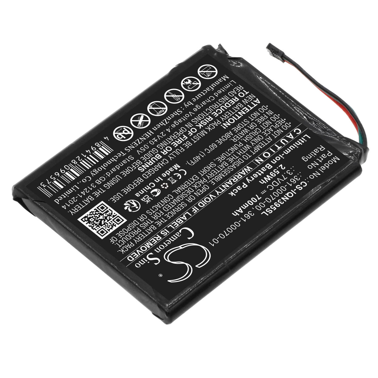 3,7V, Li-ion, 700mAh, batterie GPS compatible Garmin, 361-00070-00, 3597lmt, Nuvi 3597, 2,59Wh GPS, Navigator Cameron Sino Technology Limited