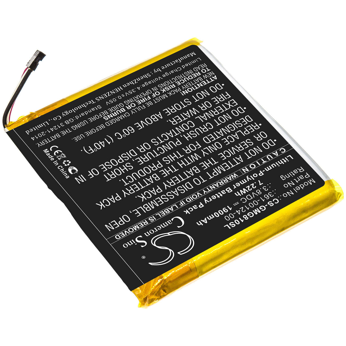 3.8V, Li-Polymer, 1900mAh, batterie GPS compatible Garmin, 361-00124-00, Approach G80, 7.22Wh GPS, Navigator Cameron Sino Technology Limited