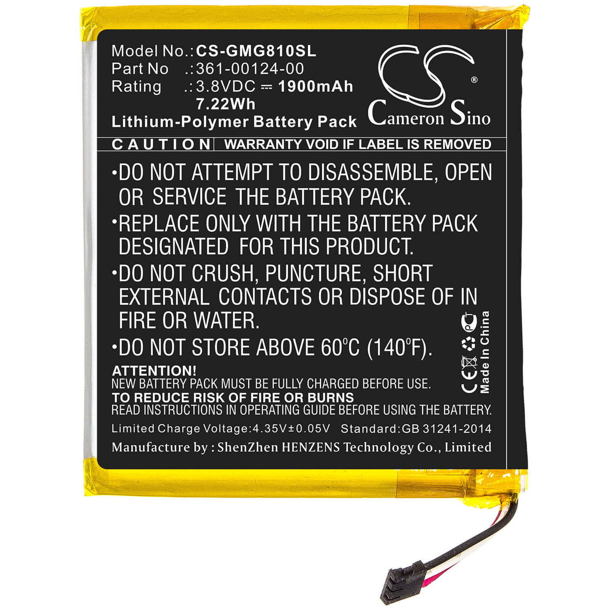 3.8V, Li-Polymer, 1900mAh, batterie GPS compatible Garmin, 361-00124-00, Approach G80, 7.22Wh GPS, Navigator Cameron Sino Technology Limited