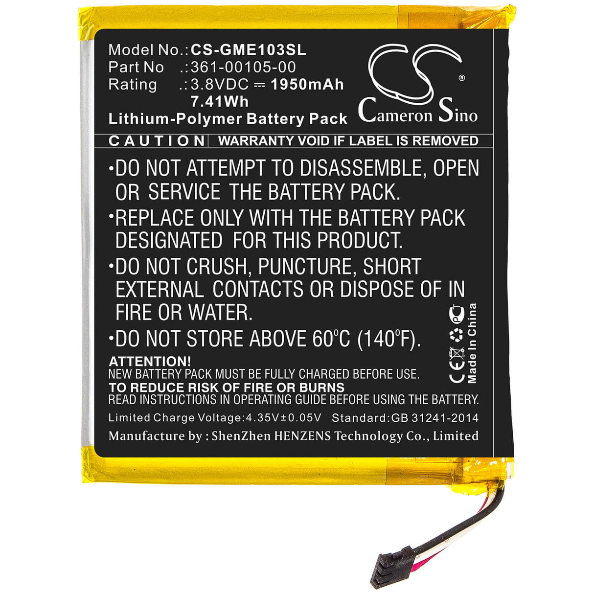 3.8V, Li-Polymer, 1950mAh, batterie GPS compatible Garmin, 361-00105-00, Edge 1030 Plus, 7.41Wh GPS, Navigator Cameron Sino Technology Limited