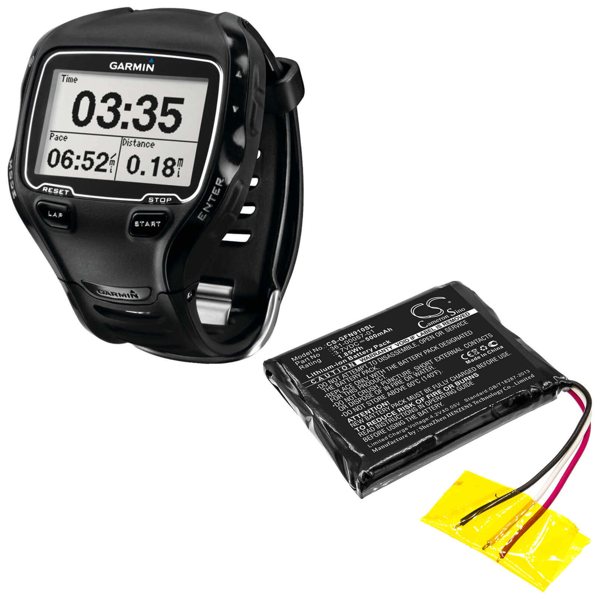 3,7V, Li-ion, 500mAh, batterie GPS compatible Garmin, 361-00057-00, Forerunner 910xt, 1,85Wh GPS, Navigator Cameron Sino Technology Limited