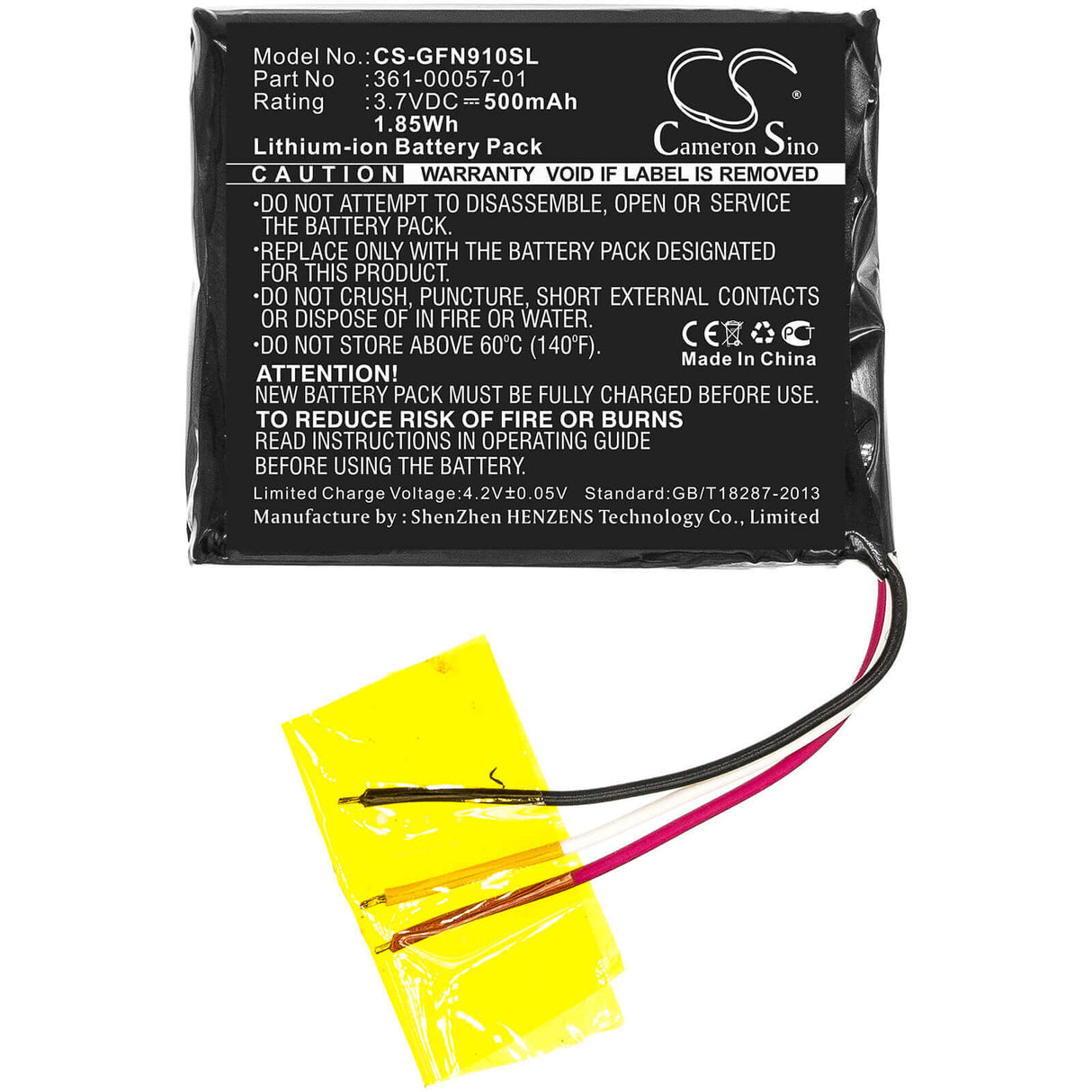 3,7V, Li-ion, 500mAh, batterie GPS compatible Garmin, 361-00057-00, Forerunner 910xt, 1,85Wh GPS, Navigator Cameron Sino Technology Limited