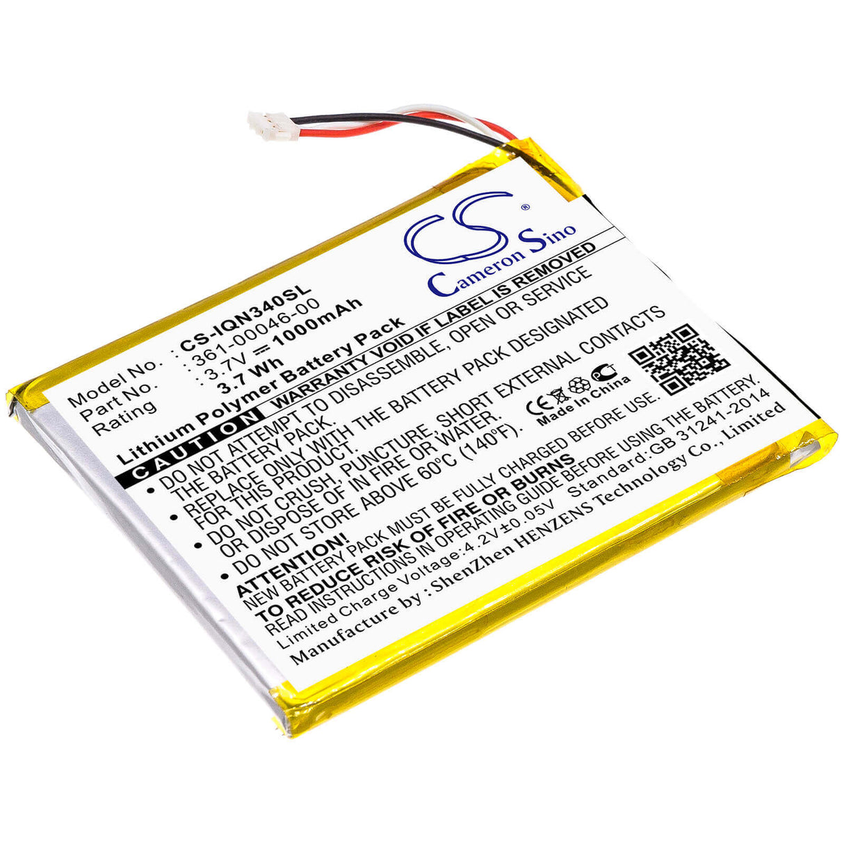 3.7V, Li-Polymer, 1000mAh, GPS battery fits Garmin, 361-00046-00, Dash Cam 20, Nuvi 3400, 3.7Wh GPS, Navigator Cameron Sino Technology Limited