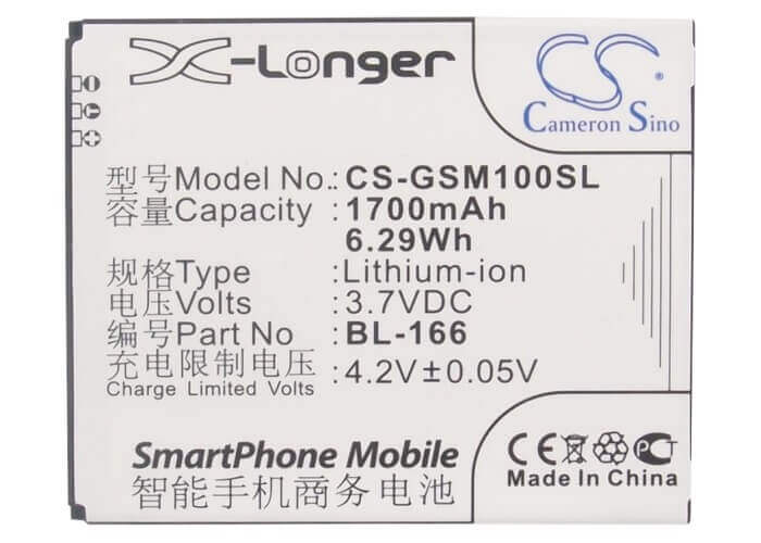 3.7V, Li-ion, 1700mAh, SmartPhone battery fits Gigabyte, Gsmart, Bl-166, Gsmart Maya M1, 6.29Wh Mobile, SmartPhone Cameron Sino Technology Limited (Smartphone)