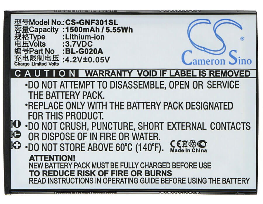 3.7V, Li-ion, 1500mAh, SmartPhone battery fits Gionee, Bl-g020a, F301, 5.55Wh Mobile, SmartPhone Cameron Sino Technology Limited (Suspended)