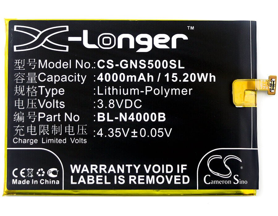 3,8V, Li-Polymer, 4000mAh, batterie de smartphone compatible avec Gionee, Bl-n4000b, Gn5005, Gn5005 Steel 2 Dual Sim, 15,2Wh Mobile, Smartphone Cameron Sino Technology Limited (Suspendu)