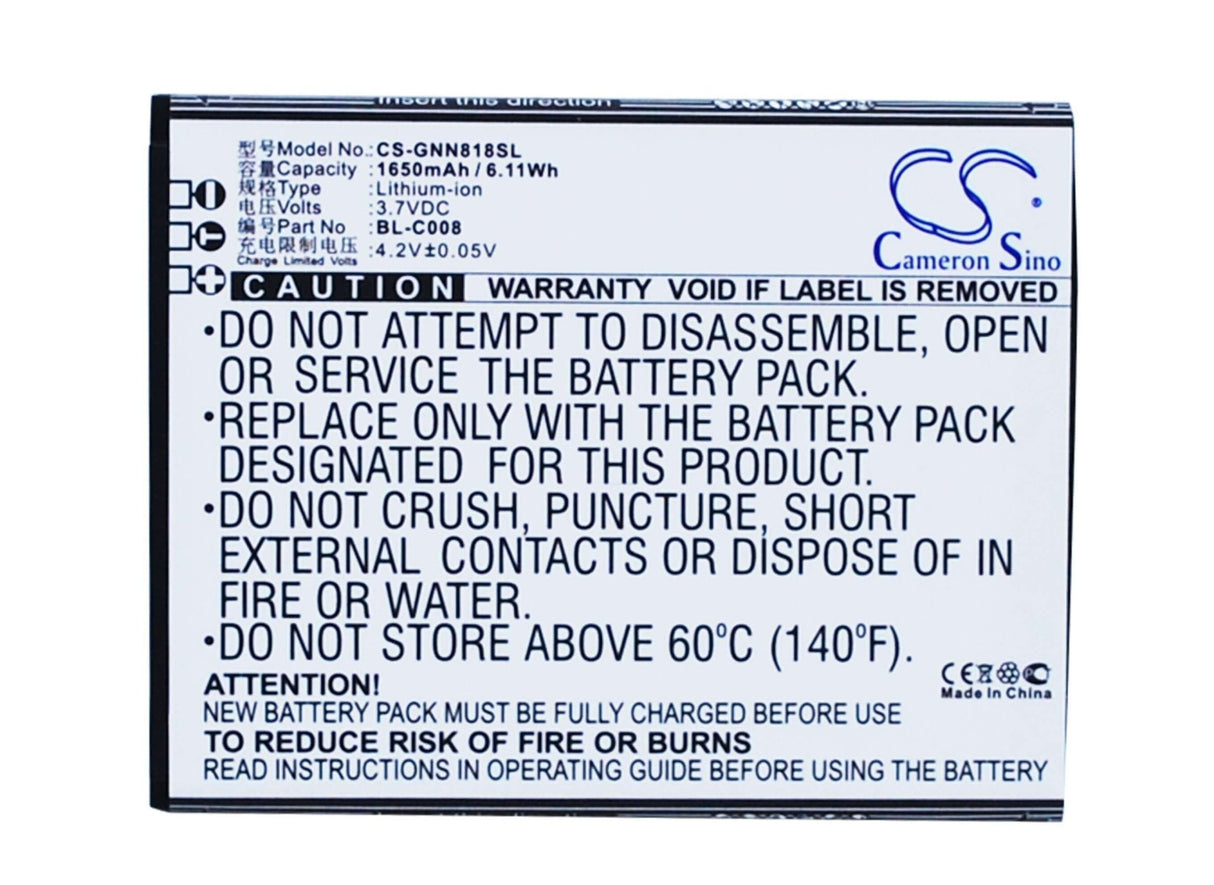 3.7V, Li-ion, 1650mAh, SmartPhone battery fits Gionee, Bl-c008, Gn705t, Gn705w, 6.11Wh Mobile, SmartPhone Cameron Sino Technology Limited (Suspended)