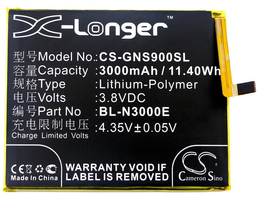 3,8V, Li-Polymer, 3000mAh, batterie de smartphone compatible avec Gionee, Bl-n3000e, Gn9013, S9, 11,4Wh Mobile, Smartphone Cameron Sino Technology Limited (Smartphone)