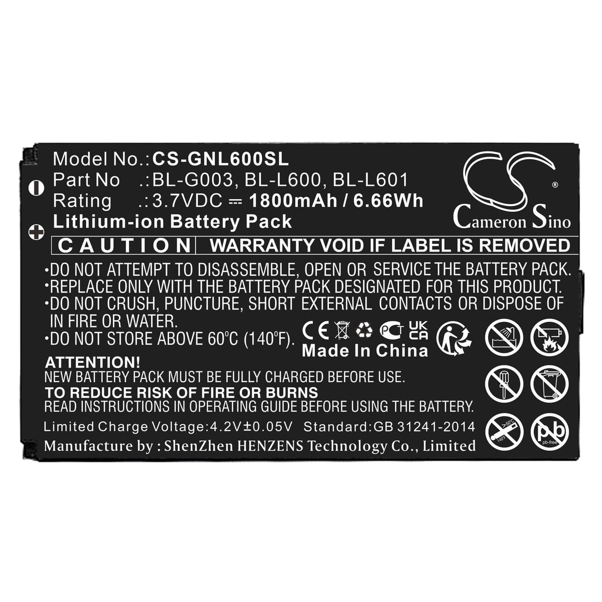 3.7V, Li-ion, 1500mAh, SmartPhone battery fits Gionee, Bl-g003, L600, L601, 5.55Wh Mobile, SmartPhone Cameron Sino Technology Limited (Smartphone)
