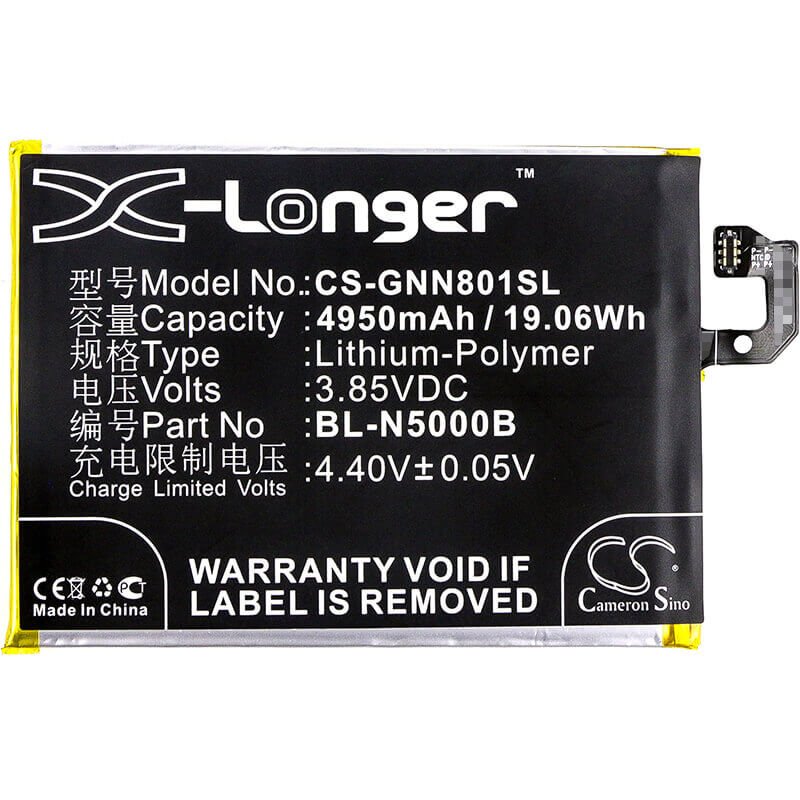 3.85V, Li-Polymer, 4950mAh, SmartPhone battery fits Gionee, Bl-n5000b, Gn8001, Gn8001 Td-lte, 19.06Wh Mobile, SmartPhone Cameron Sino Technology Limited (Suspended)
