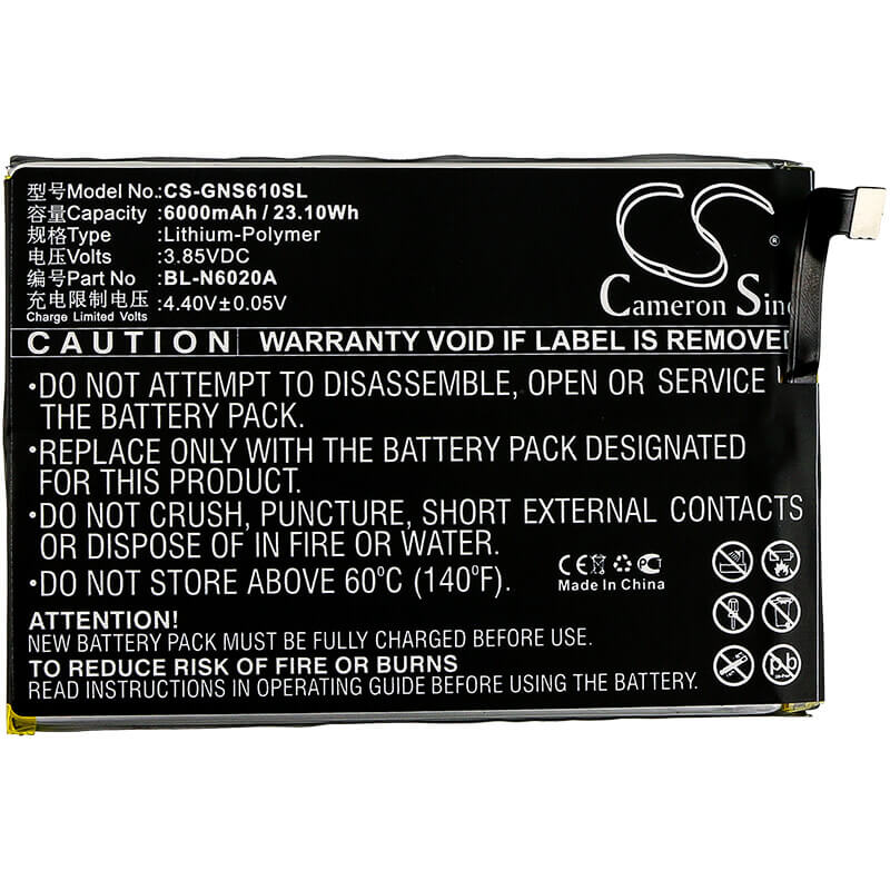 3,85V, Li-Polymer, 6000mAh, batterie de smartphone compatible avec Gionee, Bl-n6020a, M6s Plus, 23,1Wh Mobile, Smartphone Cameron Sino Technology Limited (Smartphone)