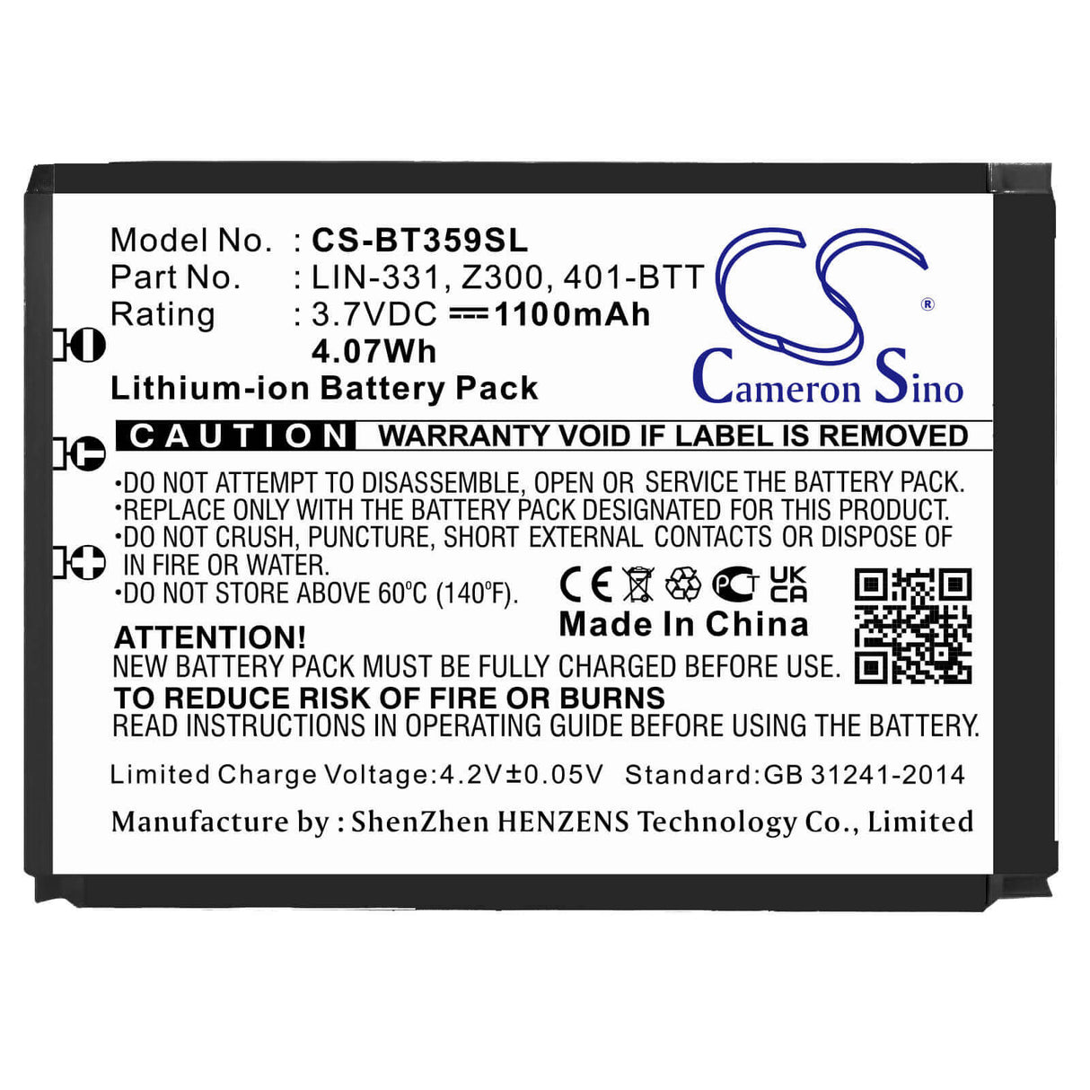 3,7V, Li-ion, 1100mAh, batterie GPS compatible avec Globalsat, Haicom, 401-btt, Bt-359, Bt-359w, 4,07Wh GPS, Navigator Cameron Sino Technology Limited