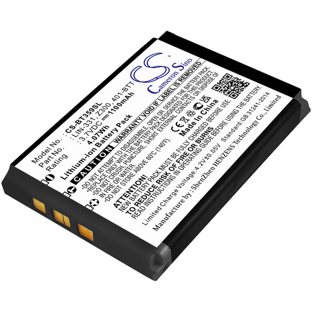 3,7V, Li-ion, 1100mAh, batterie GPS compatible avec Globalsat, Haicom, 401-btt, Bt-359, Bt-359w, 4,07Wh GPS, Navigator Cameron Sino Technology Limited