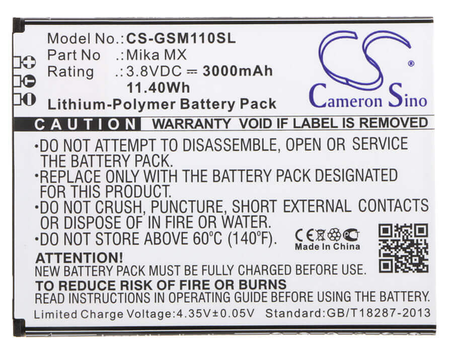 3.8V, Li-Polymer, 3000mAh, SmartPhone battery fits Gsmart, Mika Mx, Mika Mx, Mika Mx Dual Sim Lte, 11.4Wh Mobile, SmartPhone Cameron Sino Technology Limited (Smartphone)