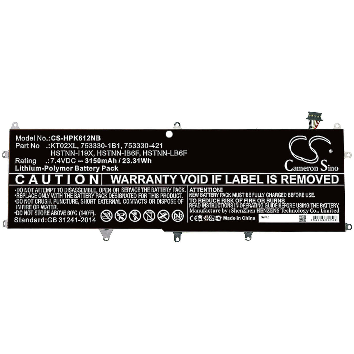 Battery For Hp, Pro, X2, 612 7.4v, 3150mah - 23.31wh Notebook, Laptop Cameron Sino Technology Limited