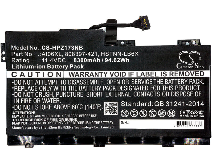 Notebook battery For Hp, Zbook 17 G3, Zbook 17 G3 M9l94av 11.4v, 8300mah - 94.62wh Notebook, Laptop Cameron Sino Technology Limited