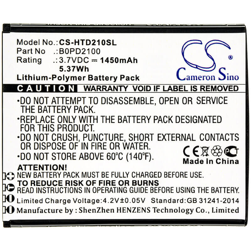 3.7V, Li-Polymer, 1450mAh, SmartPhone battery fits Htc, B0pd2100, D210h, Desire 210, 5.37Wh Mobile, SmartPhone Cameron Sino Technology Limited (Smartphone)
