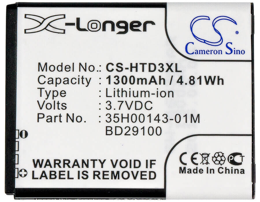 3.7V, Li-ion, 1300mAh, SmartPhone battery fits At&t, T-mobile, Htc, 35h00143-01m, Hd7s, 4.81Wh Mobile, SmartPhone Cameron Sino Technology Limited (Suspended)