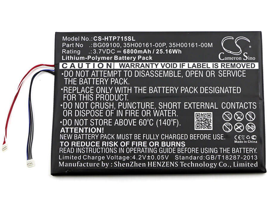 3.7V, Li-Polymer, 6800mAh, Tablet battery fits Htc, 35h00161-00m, Jetstream, Jetstream 10.1, 25.16Wh Tablet Cameron Sino Technology Limited